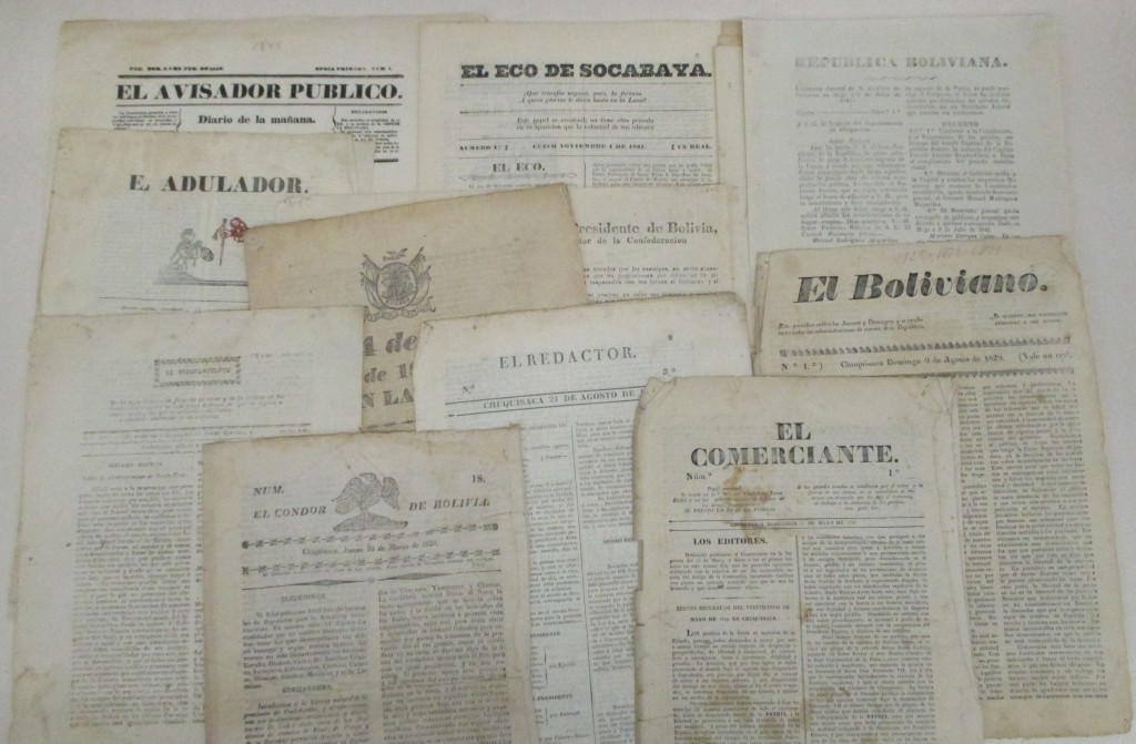 (BOLIVIA.) Group of 11 newspapers and decrees printed in Bolivia, plus 4 from Peru.
